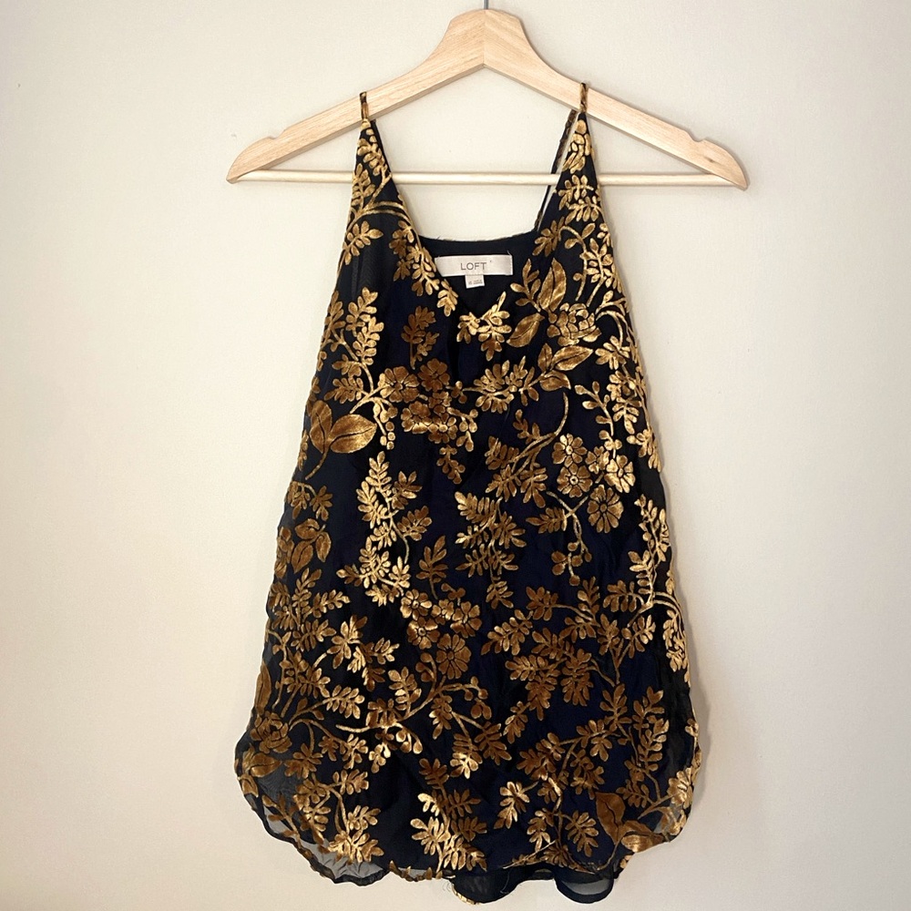 Anne Taylor LOFT tank top— gold & black velvet floral texture/pattern
